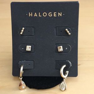 Halogen Set of 3 Earrings, 2 Studs, 1 Hoops, in Goldtone w Rhinestone Accent